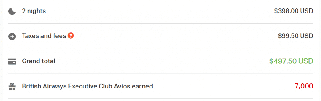 A screenshot showing a Hyatt Regency Chicago booking earning 7,000 British Airways Avios Points through Rocketmiles
