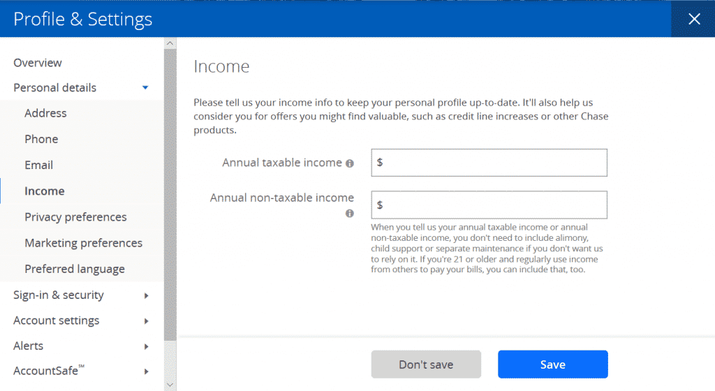 The page within your Chase account where you can update your income information. 
