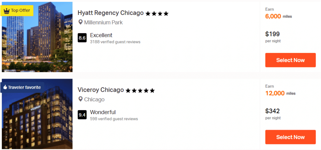A screenshot showing the first two hotels offered when searching for Chicago hotels to earn Aeroplan miles through Rocketmiles