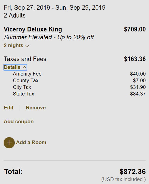 A screenshot of the final booking cost for a stay at the Viceroy Chicago
