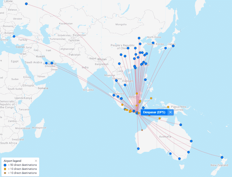 A map that shows all airports that service flights to Bali.