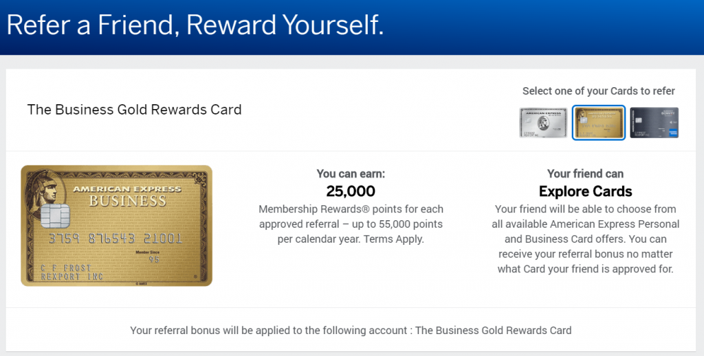 Screenshot of the referral bonus available through the Amex Business Gold Rewards Card.